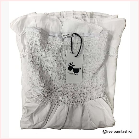 White Strapless Mini Dress, Ruffle Hem, Beach Summer Fit & Flare - Picture 5 of 7